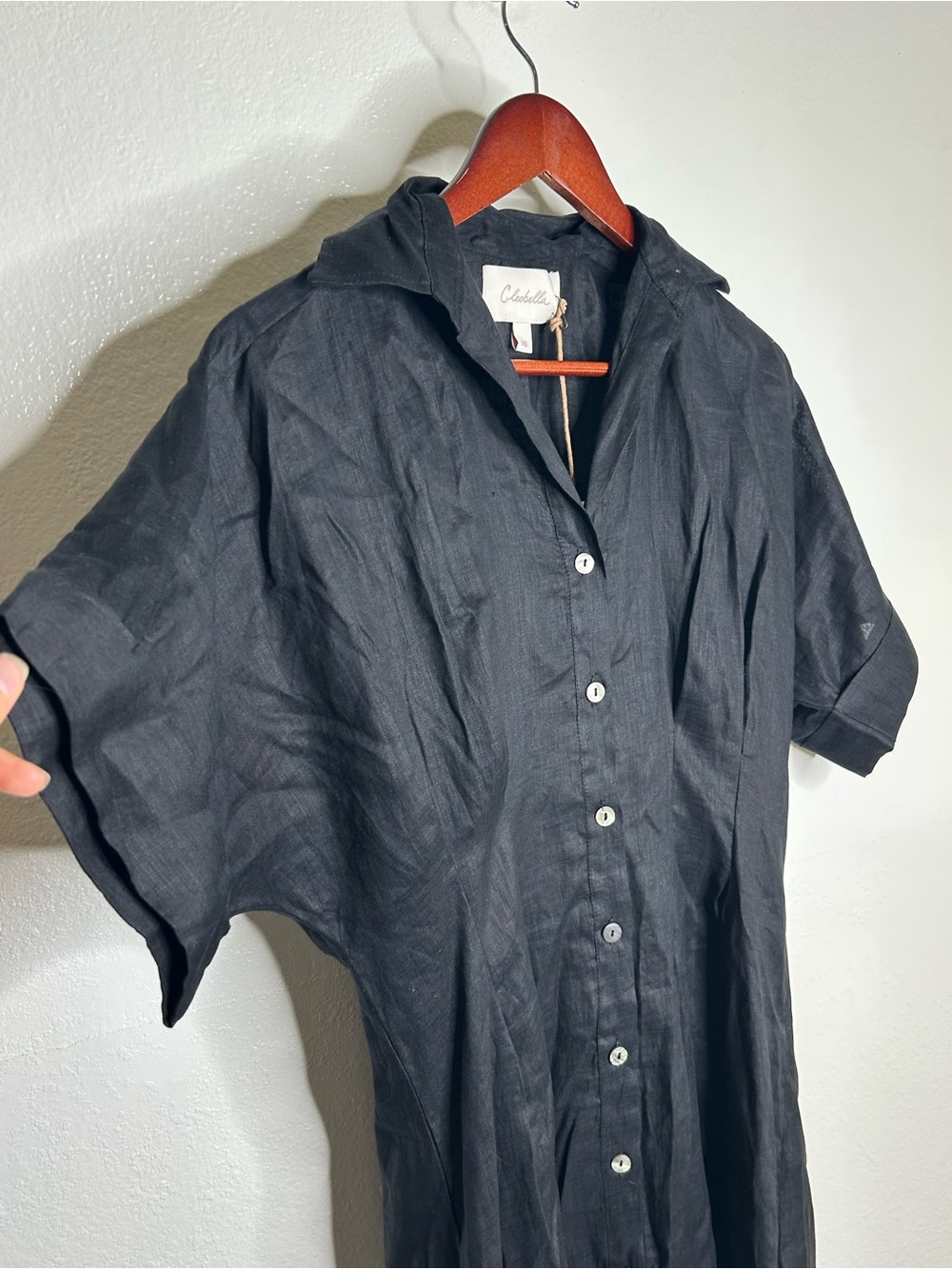 NWT Cleobella 100% Linen Black Gilli Button Down Short Sleeve Midi Dress